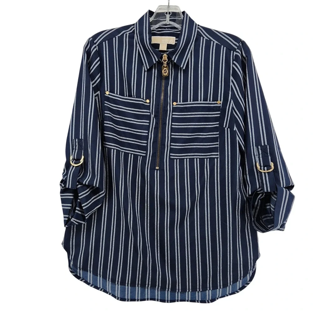Michael Kors Small Navy Blue Rope Stripe Quarter Zip Roll Tab Sleeve Blouse Top